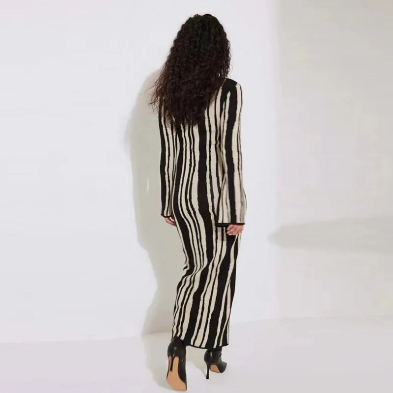 Robe Pull Longue Femme – Tricot Rayé Slim Bodycon Élégante pour l’Hiver | F-laglam.