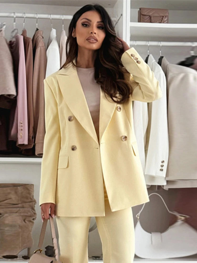 Tailleur Femme 2 Pièces Jaune Citron – Blazer Élégant Manches Longues & Pantalon Droit Taille Haute Printemps 2025 | F-laglam.