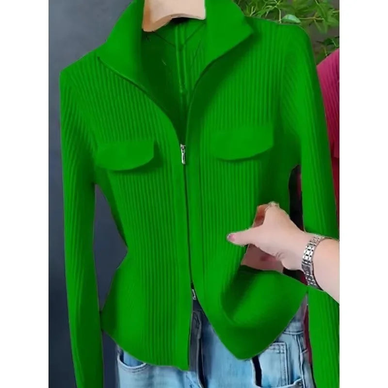 Cardigan Court Femme à Fermeture Zippée – Tricot Uni Col Revers Style Coréen Printemps Automne 2025