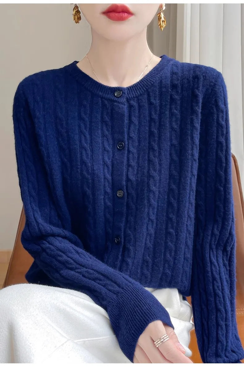 Cardigan Femme Blanc – Tricot Uni Col Rond Boutonné Manches Longues Automne Hiver 2025