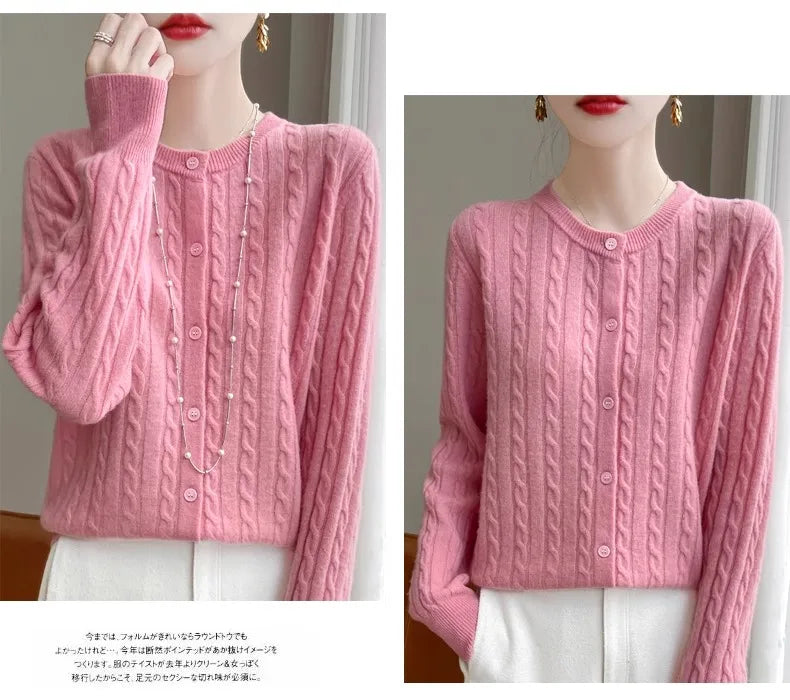 Cardigan Femme Blanc – Tricot Uni Col Rond Boutonné Manches Longues Automne Hiver 2025.
