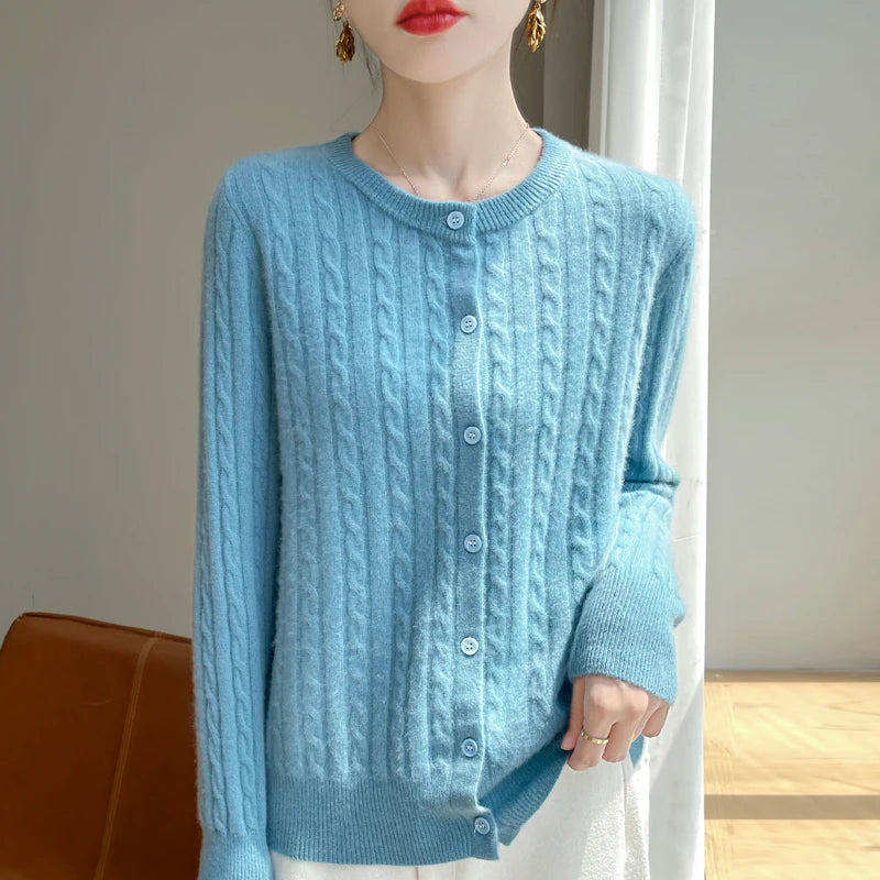 Cardigan Femme Blanc – Tricot Uni Col Rond Boutonné Manches Longues Automne Hiver 2025
