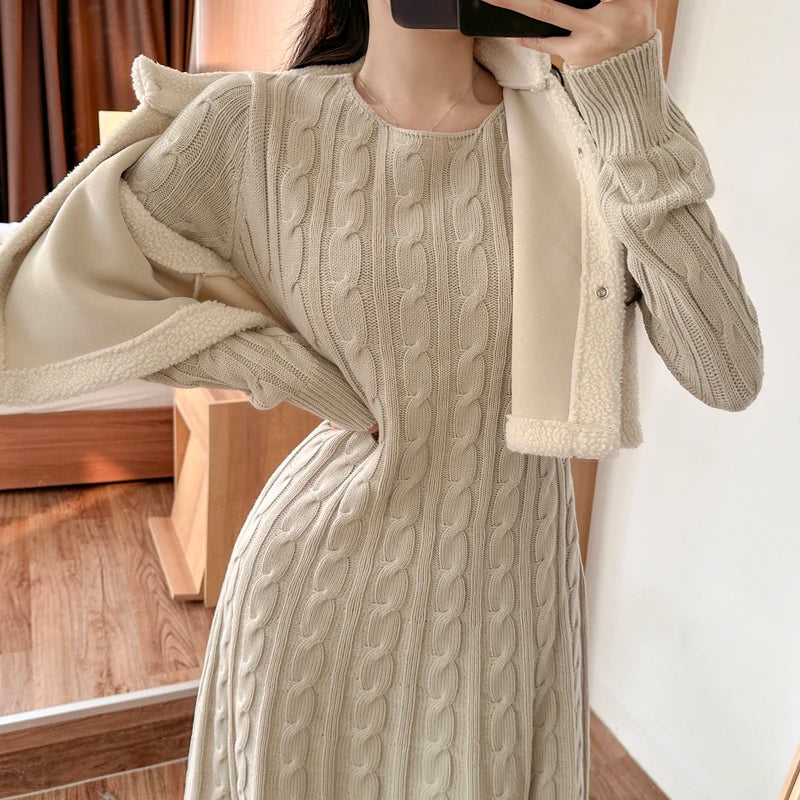 Robe pull longue femme hiver – maille torsadée chaude, coupe évasée élégante
