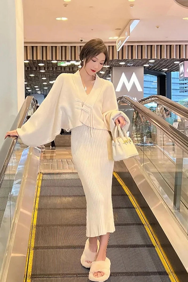 Ensemble Femme Hiver 2 Pièces – Robe Pull Tricotée & Haut Loose, Outfit Bodycon Chic Coréen Streetwear.