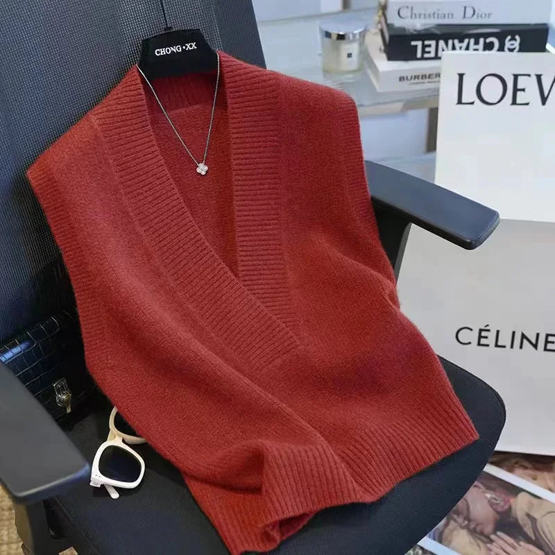 Gilet Pull Femme Sans Manches – Tricot Col V Uni Décontracté Automne Hiver
