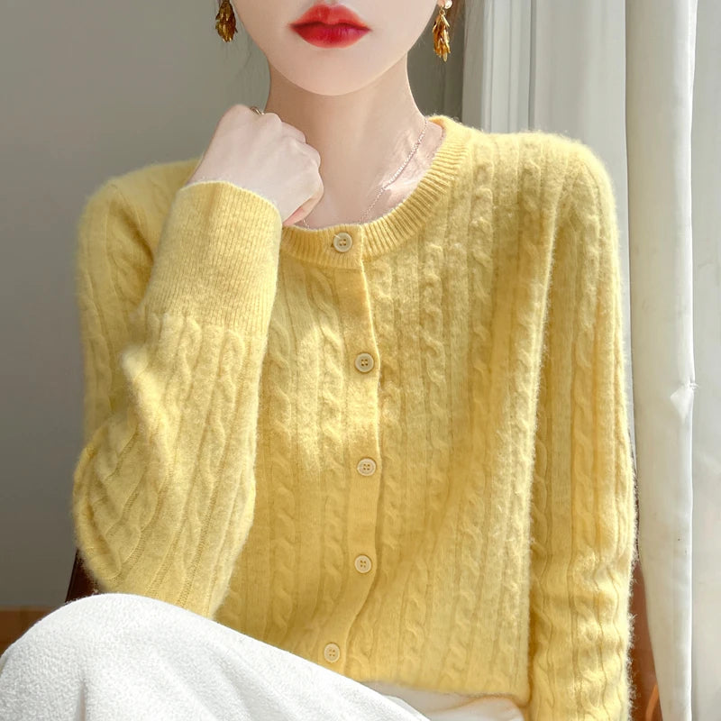 Cardigan Femme Blanc – Tricot Uni Col Rond Boutonné Manches Longues Automne Hiver 2025