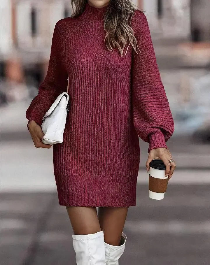 Robe pull femme à col montant et manches longues – automne/hiver élégante