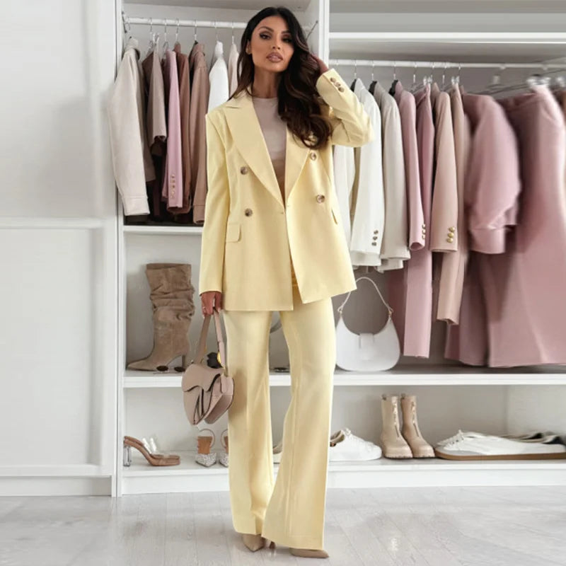 Tailleur Femme 2 Pièces Jaune Citron – Blazer Élégant Manches Longues & Pantalon Droit Taille Haute Printemps 2025 | F-laglam.