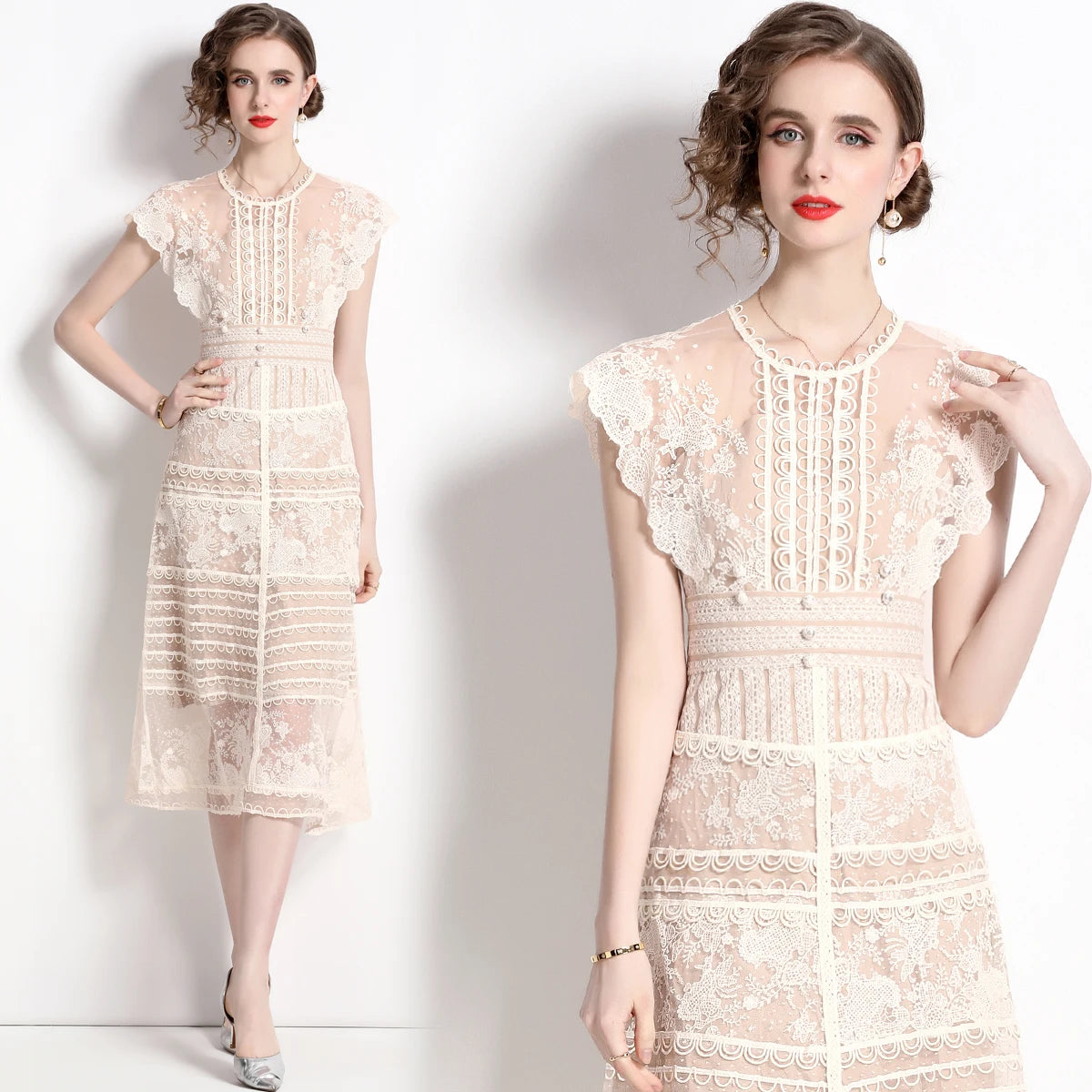 Robe midi femme à fleurs brodées – manches courtes, style vintage élégant