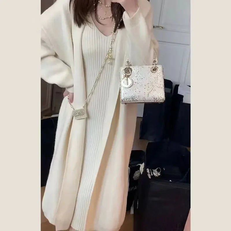 Ensemble robe pull et veste longue femme – style français printemps/automne 2024