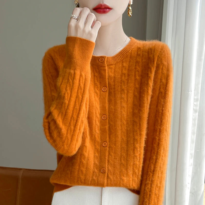Cardigan Femme Blanc – Tricot Uni Col Rond Boutonné Manches Longues Automne Hiver 2025
