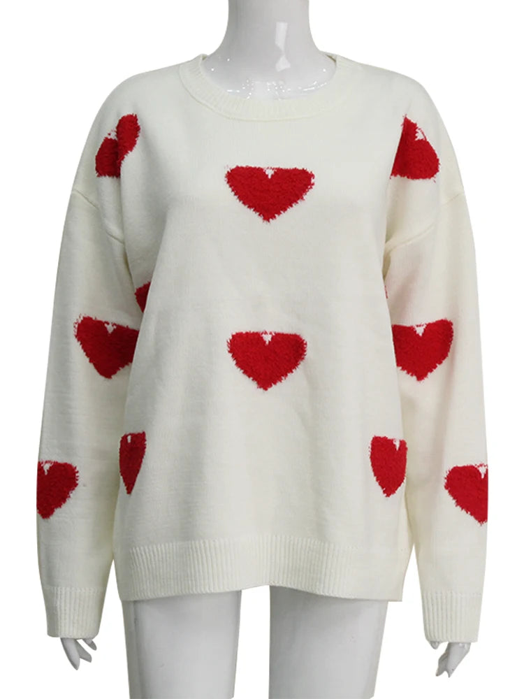Pull Femme Sweet Heart – Tricot Vintage Loose à Col Rond, Manches Longues.