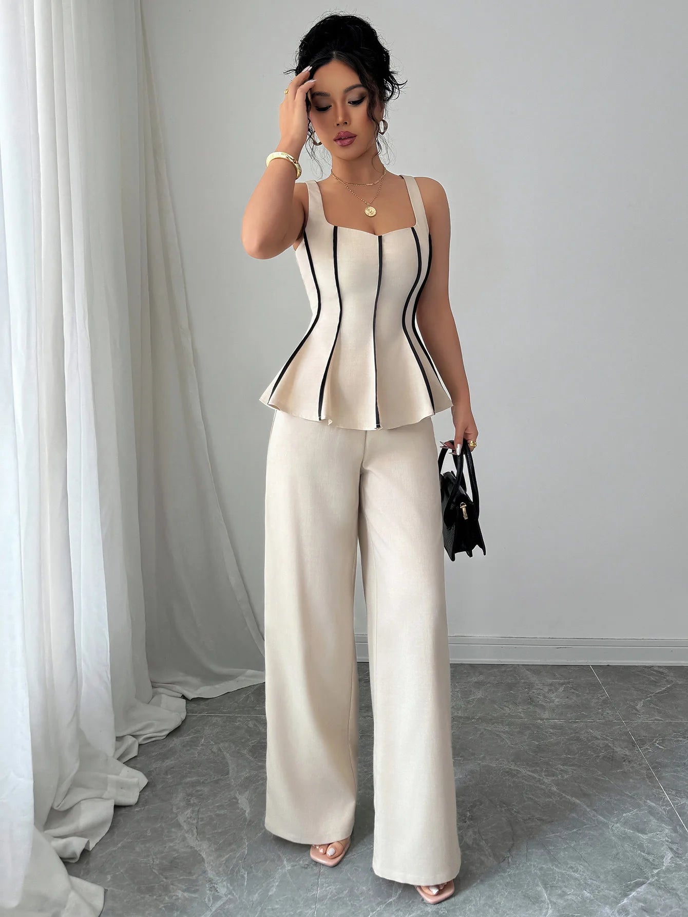 Ensemble Femme 2 Pièces – Top Sans Manches à Volants & Pantalon Large Taille Haute, Style Y2K Streetwear Chic | F-lagam.