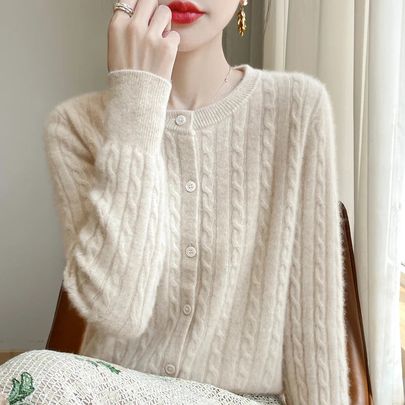 Cardigan Femme Blanc – Tricot Uni Col Rond Boutonné Manches Longues Automne Hiver 2025