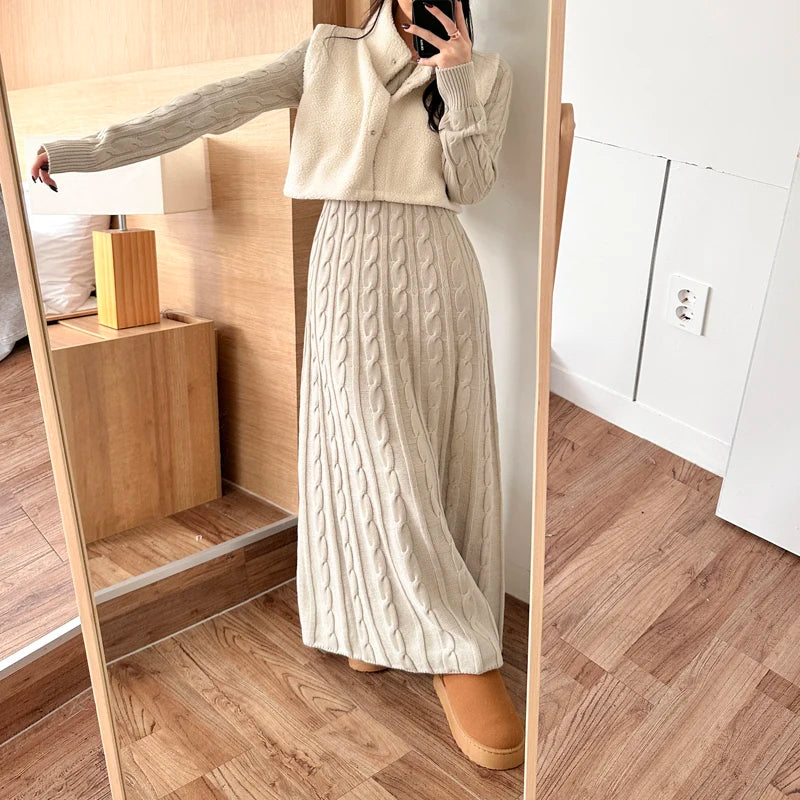 Robe pull longue femme hiver – maille torsadée chaude, coupe évasée élégante