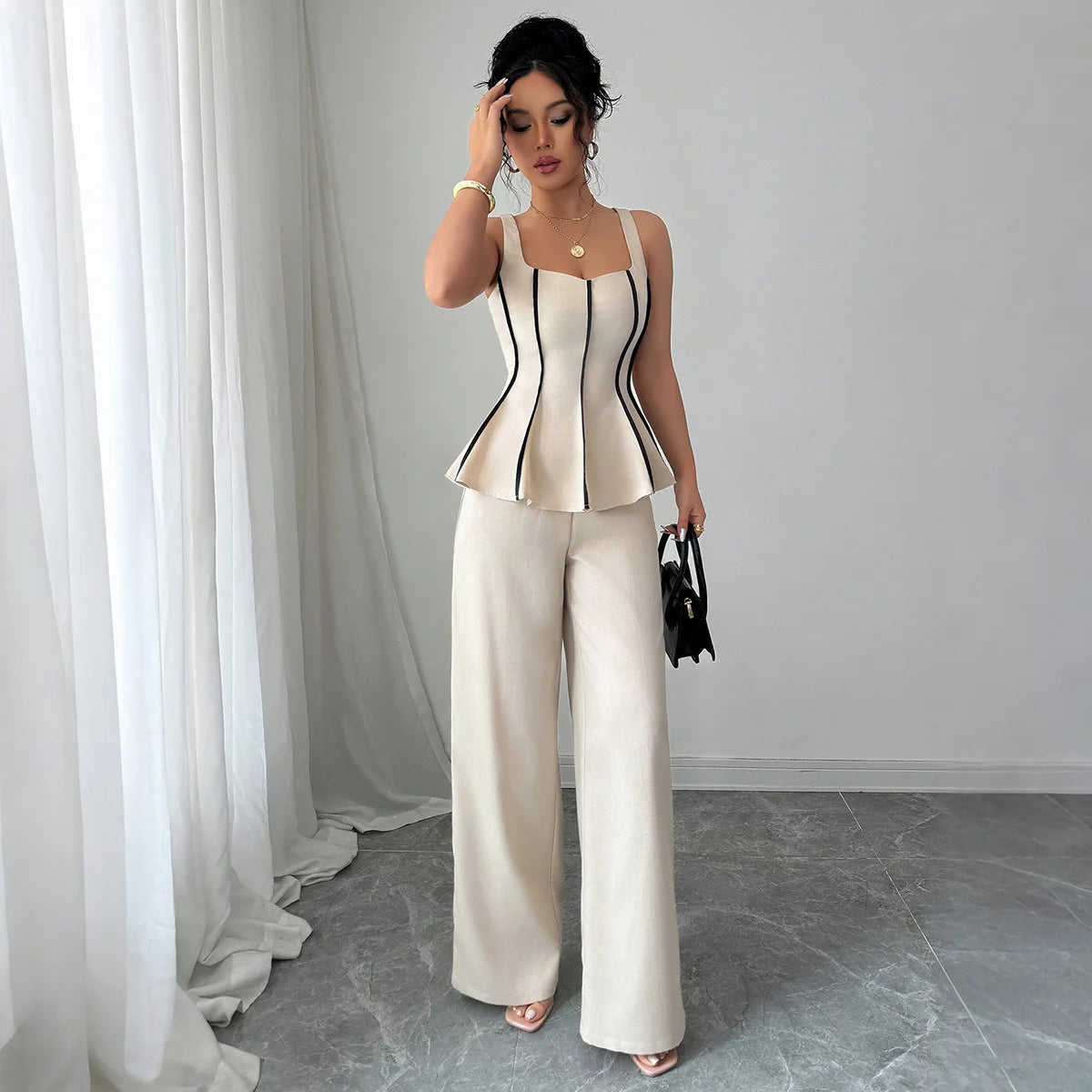 Ensemble Femme 2 Pièces – Top Sans Manches à Volants & Pantalon Large Taille Haute, Style Y2K Streetwear Chic | F-lagam.