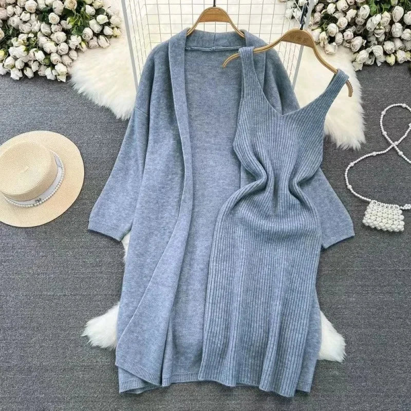 Ensemble robe pull et veste longue femme – style français printemps/automne 2024