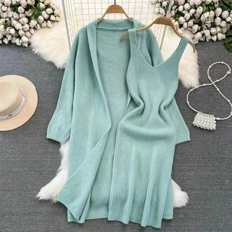 Ensemble robe pull et veste longue femme – style français printemps/automne 2024