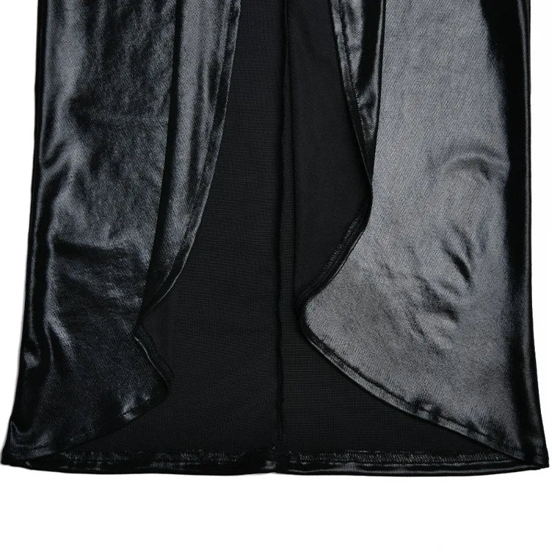 Élégante robe maxi métallisée pour femme, col en V sexy, manches longues, fronces flatteuses et fente haute. Parfaite pour les soirées, clubs ou événements chics. Style glamour et féminin.