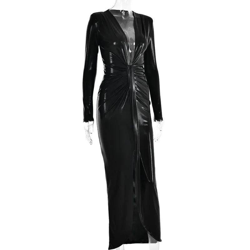 Élégante robe maxi métallisée pour femme, col en V sexy, manches longues, fronces flatteuses et fente haute. Parfaite pour les soirées, clubs ou événements chics. Style glamour et féminin.
