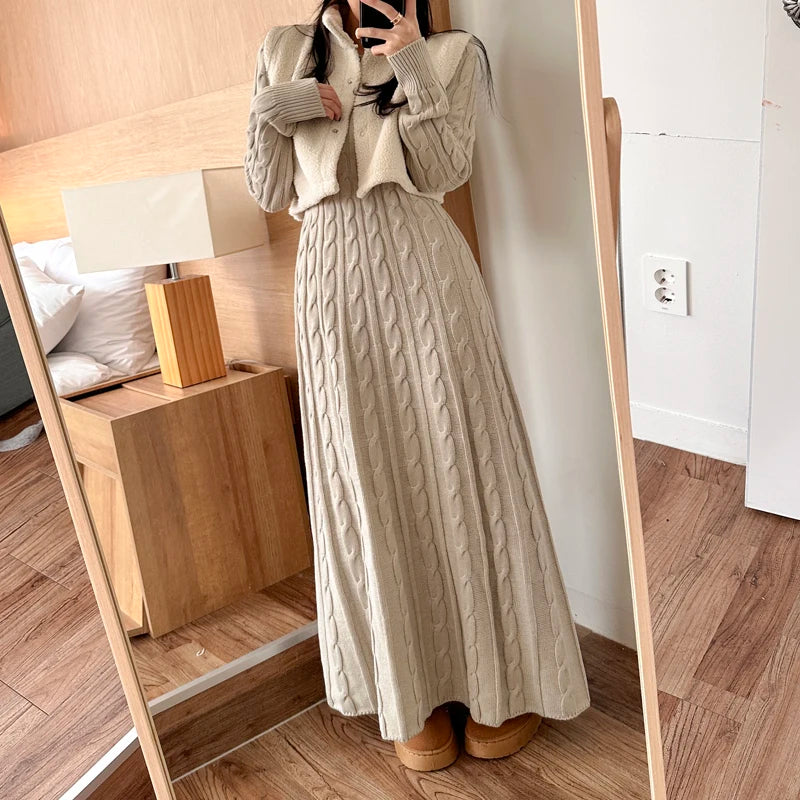 Robe pull longue femme hiver – maille torsadée chaude, coupe évasée élégante