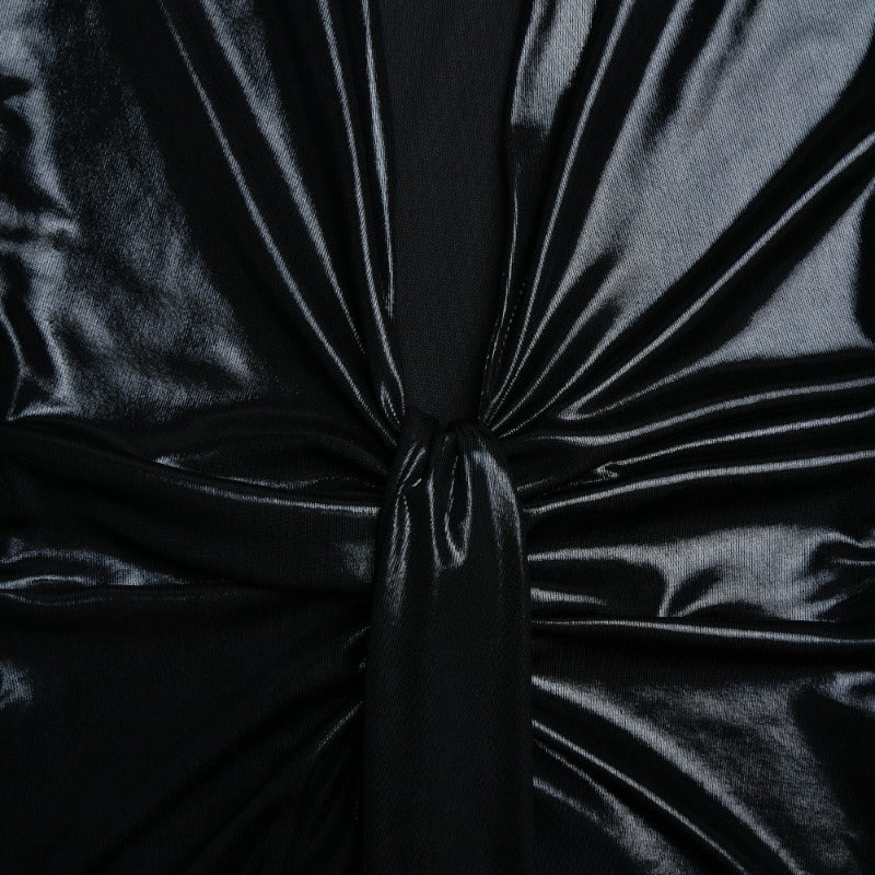 Élégante robe maxi métallisée pour femme, col en V sexy, manches longues, fronces flatteuses et fente haute. Parfaite pour les soirées, clubs ou événements chics. Style glamour et féminin.