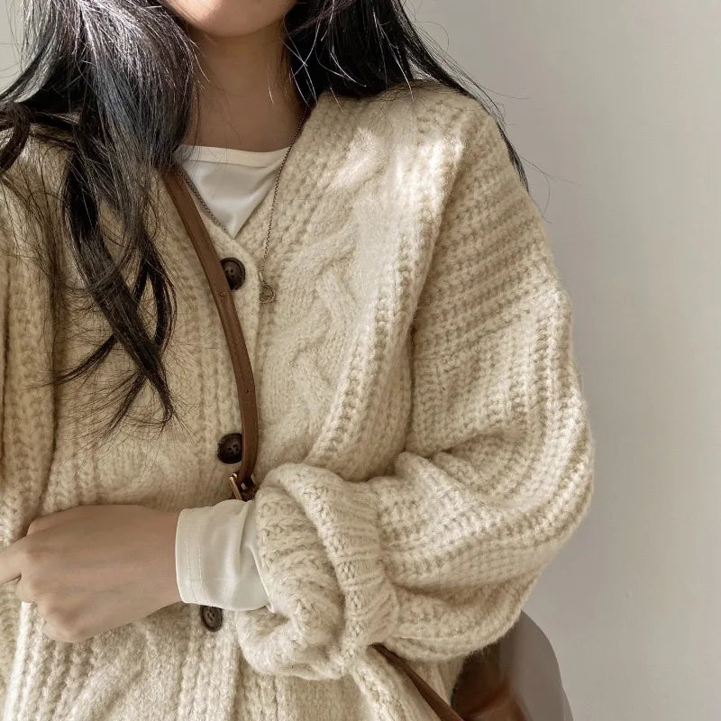 Cardigan Femme Torsadé Style Rétro Français – Tricot Loose Col V Décontracté Printemps.