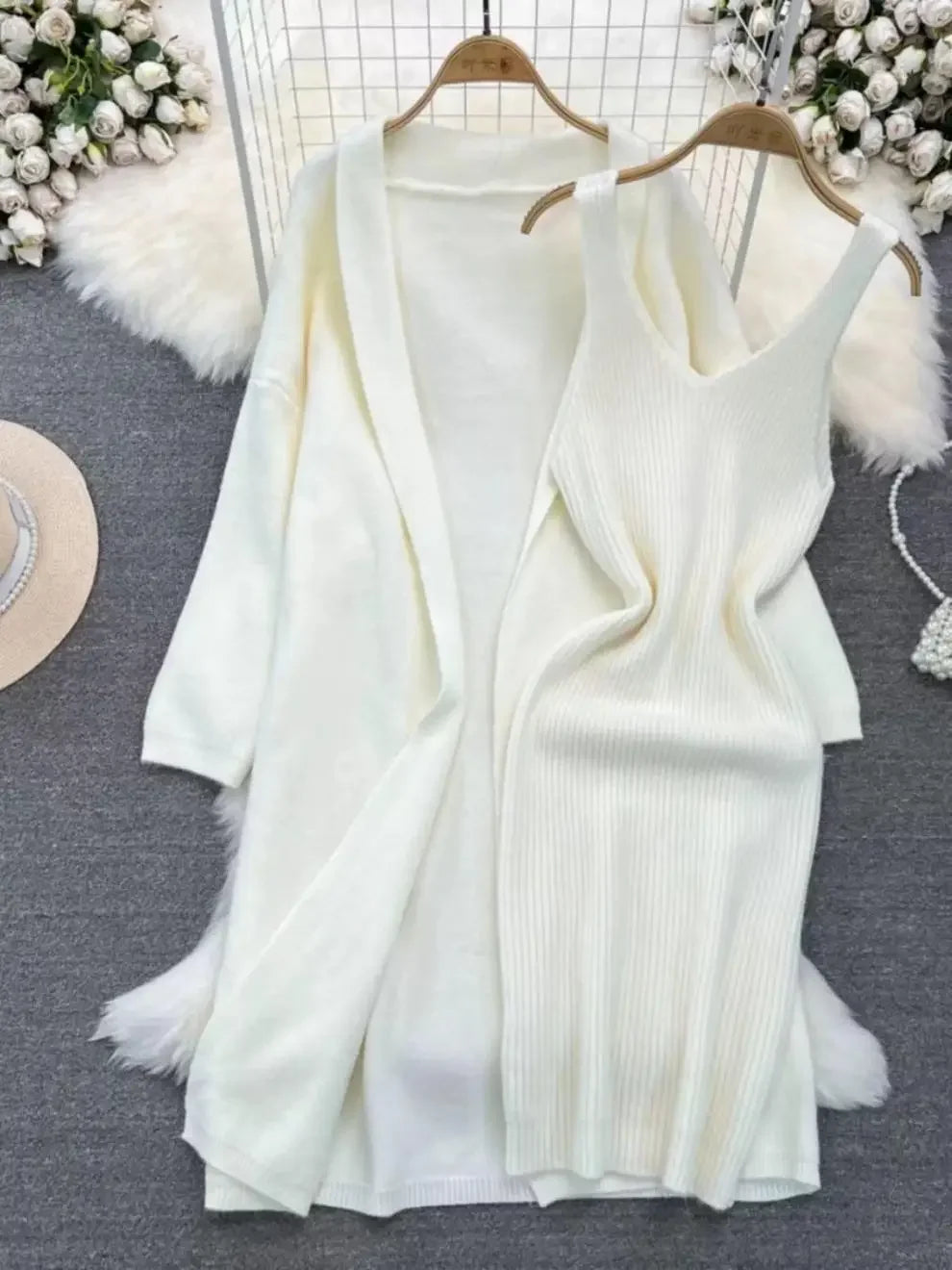 Ensemble robe pull et veste longue femme – style français printemps/automne 2024