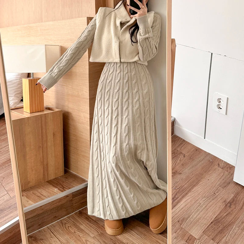 Robe pull longue femme hiver – maille torsadée chaude, coupe évasée élégante