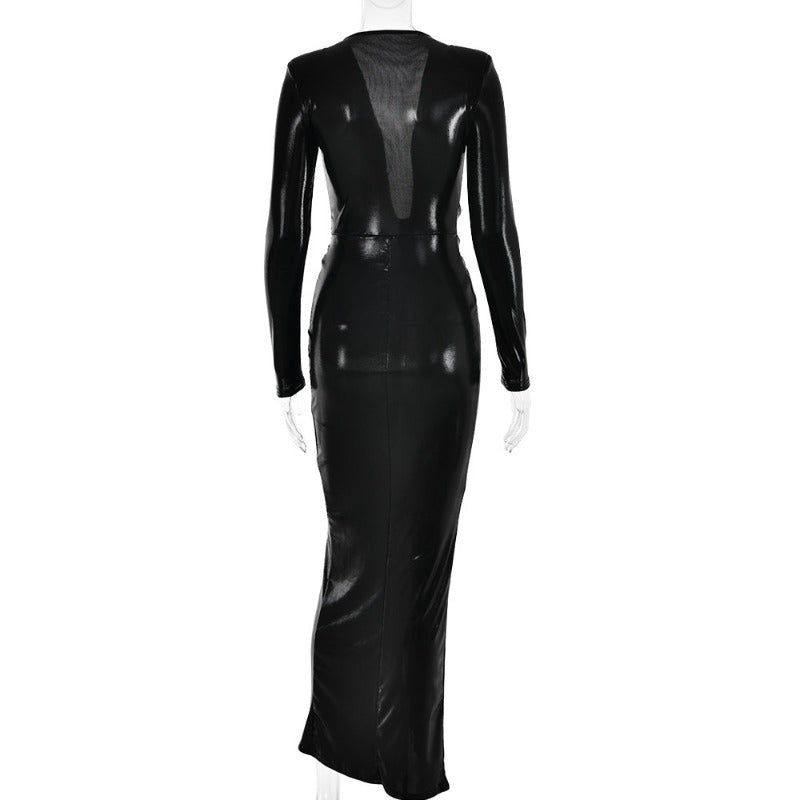 Élégante robe maxi métallisée pour femme, col en V sexy, manches longues, fronces flatteuses et fente haute. Parfaite pour les soirées, clubs ou événements chics. Style glamour et féminin.