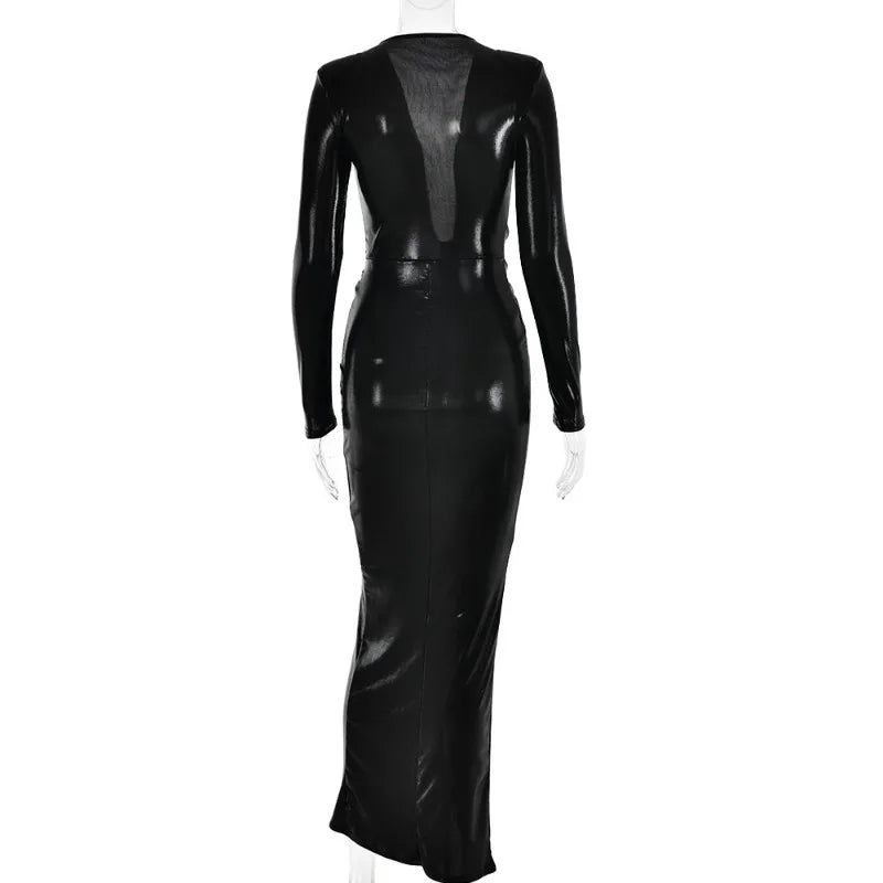 Élégante robe maxi métallisée pour femme, col en V sexy, manches longues, fronces flatteuses et fente haute. Parfaite pour les soirées, clubs ou événements chics. Style glamour et féminin.