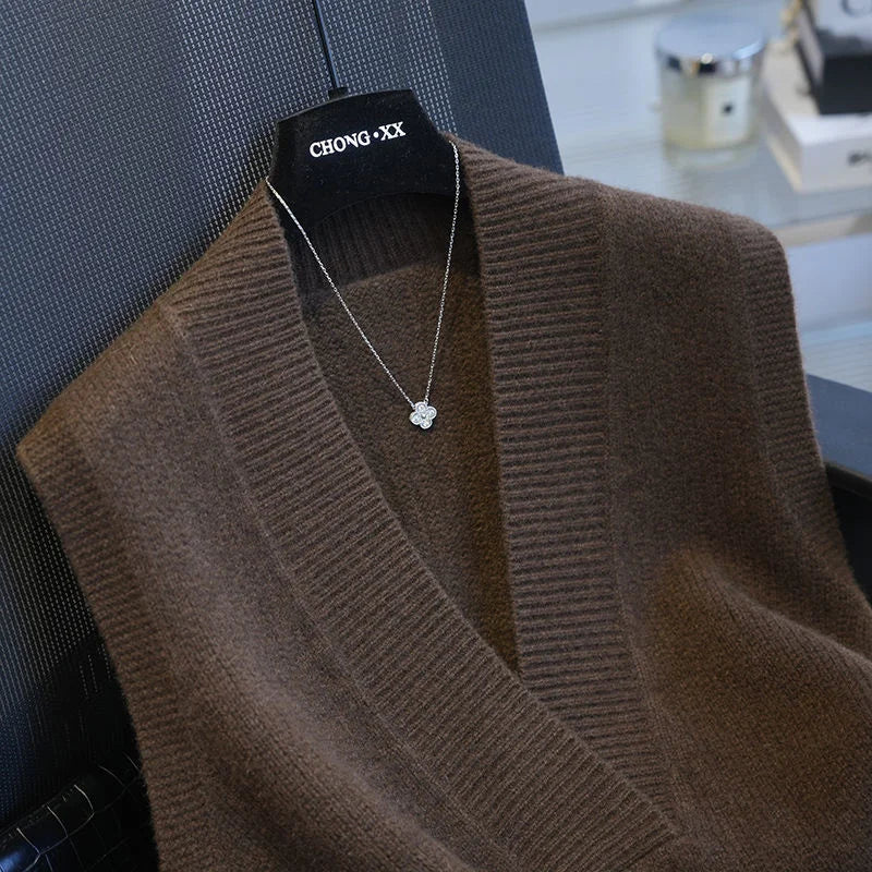 Gilet Pull Femme Sans Manches – Tricot Col V Uni Décontracté Automne Hiver.