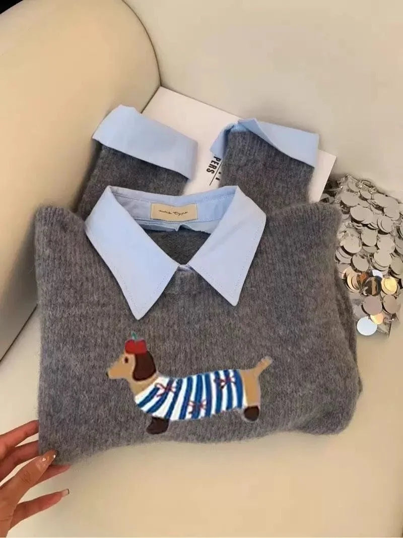 Pull Femme Cartoon Chien – Tricot Doux Gris Col Chemise Style Deux-en-Un Automne Hiver 2025.