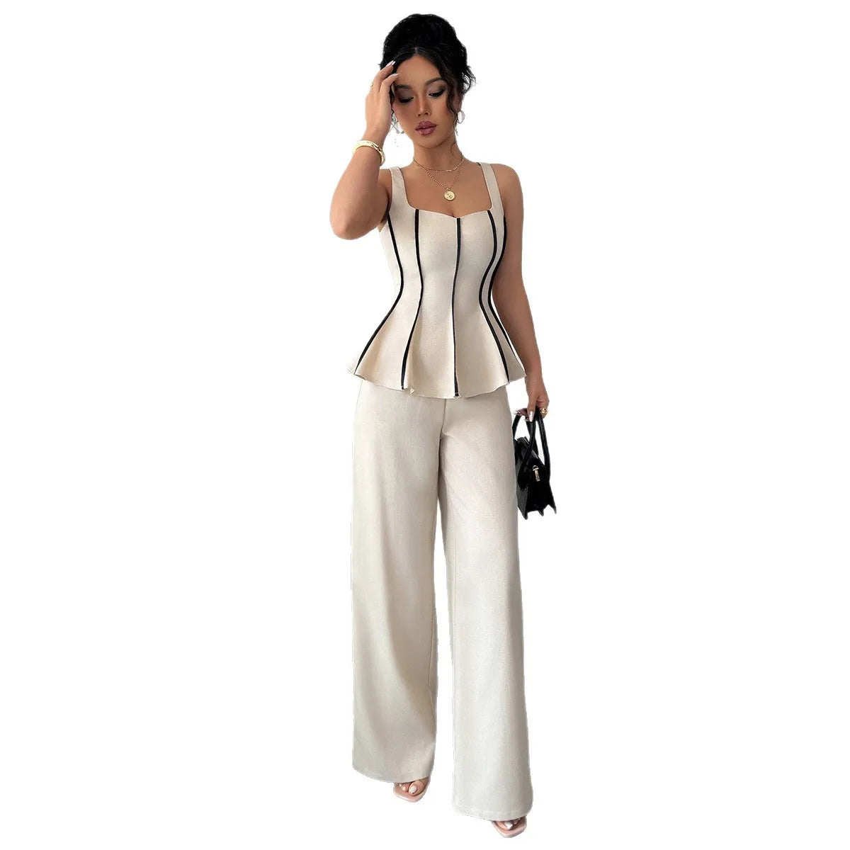 Ensemble Femme 2 Pièces – Top Sans Manches à Volants & Pantalon Large Taille Haute, Style Y2K Streetwear Chic | F-lagam.