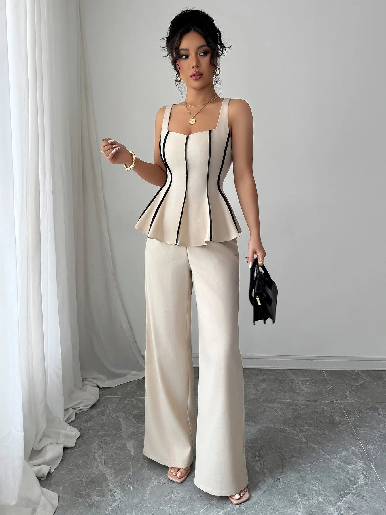 Ensemble Femme 2 Pièces – Top Sans Manches à Volants & Pantalon Large Taille Haute, Style Y2K Streetwear Chic | F-lagam.