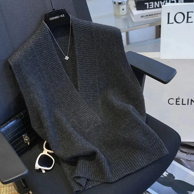 Gilet Pull Femme Sans Manches – Tricot Col V Uni Décontracté Automne Hiver.