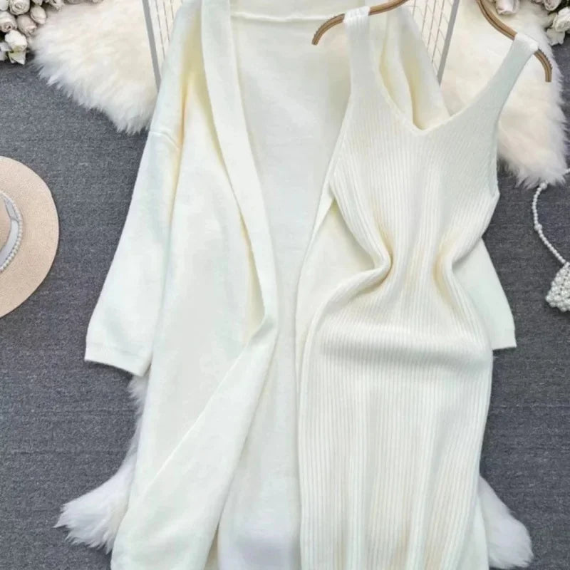 Ensemble robe pull et veste longue femme – style français printemps/automne 2024