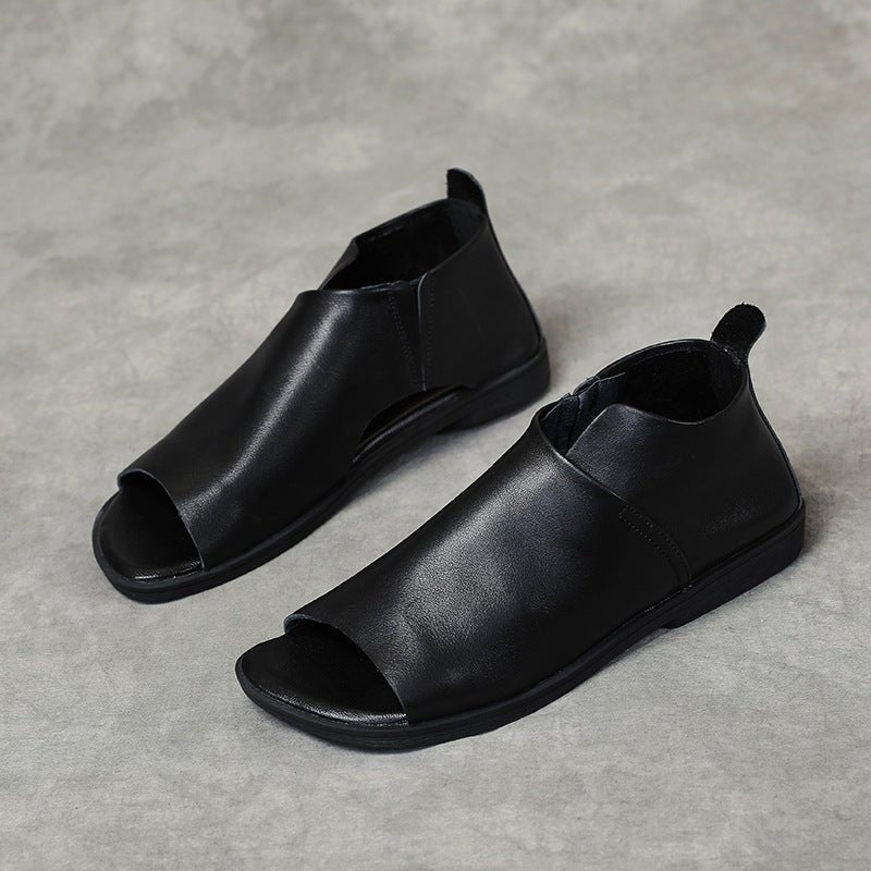 British Genuine Leather Slip On Peep Toe Sandals Flat.