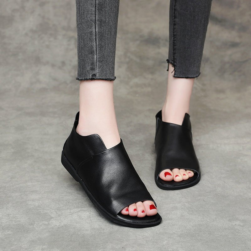 British Genuine Leather Slip On Peep Toe Sandals Flat.