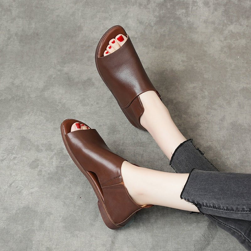 British Genuine Leather Slip On Peep Toe Sandals Flat.