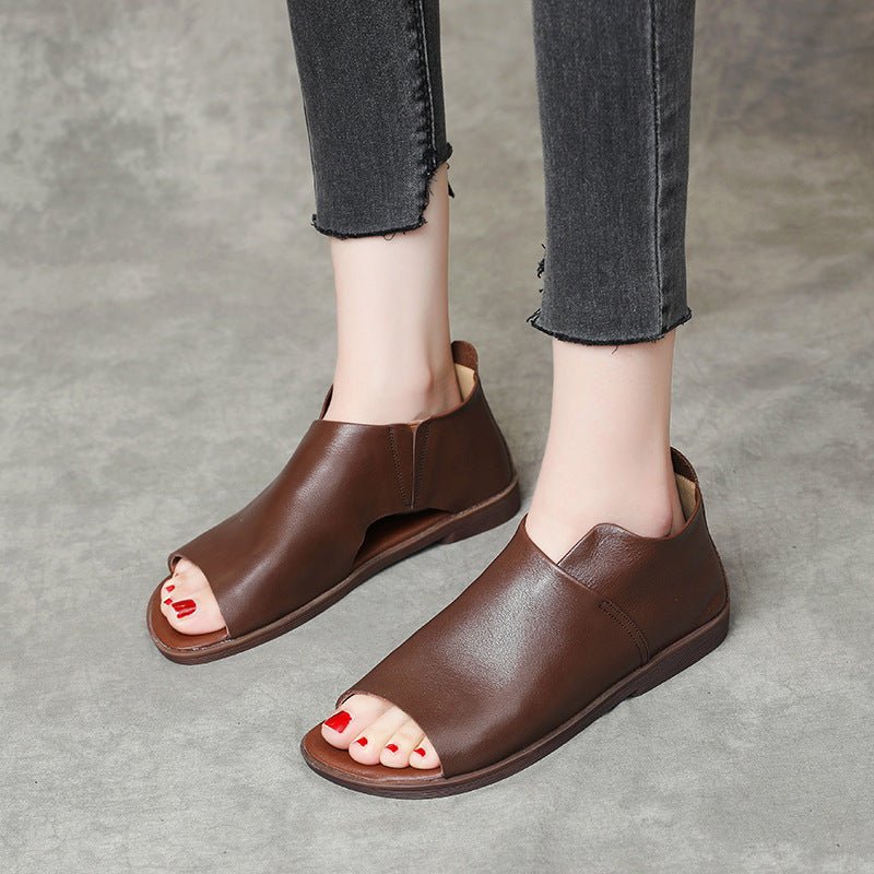 British Genuine Leather Slip On Peep Toe Sandals Flat.