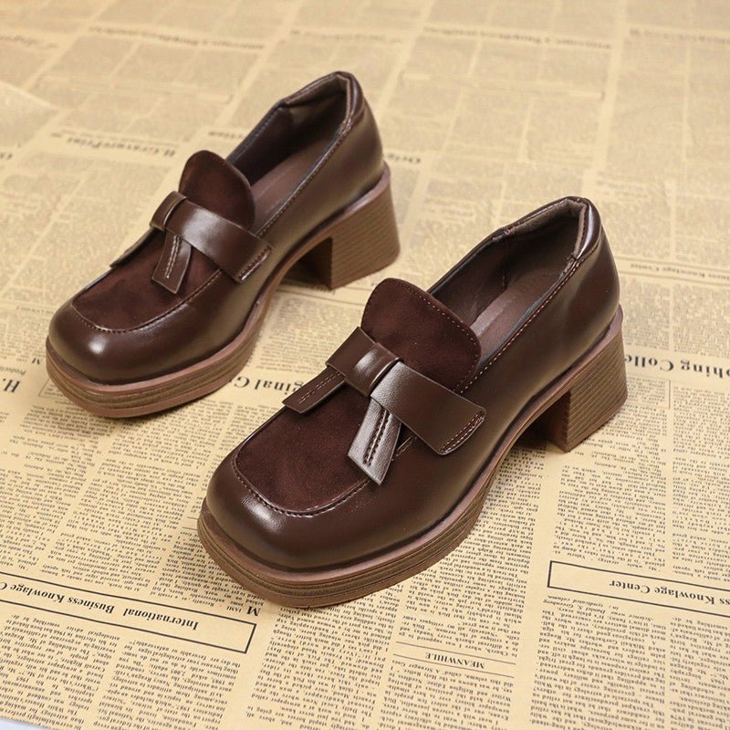 British Style Women's Women's Thick Heel Brown Leather Shoes.
