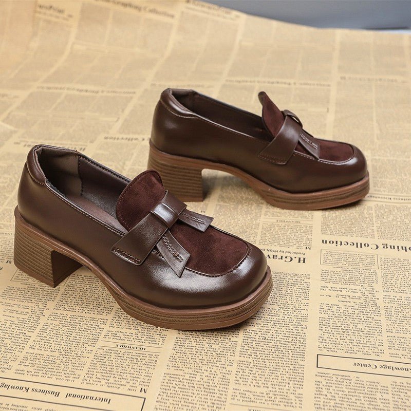 British Style Women's Women's Thick Heel Brown Leather Shoes.