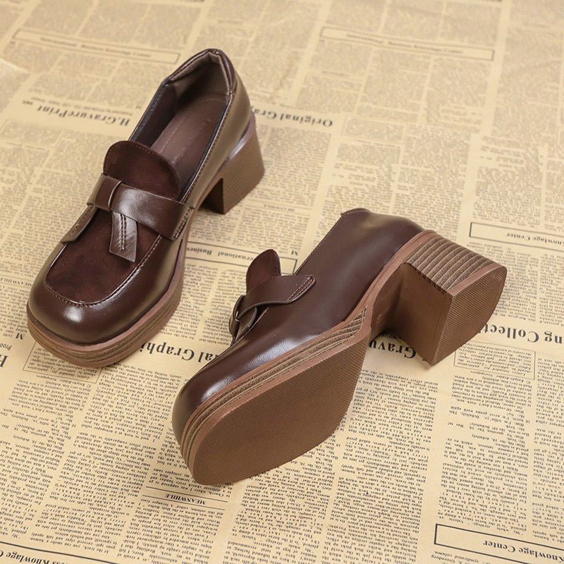 British Style Women's Women's Thick Heel Brown Leather Shoes.