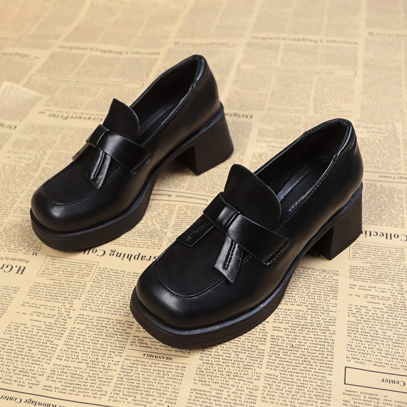 British Style Women's Women's Thick Heel Brown Leather Shoes.
