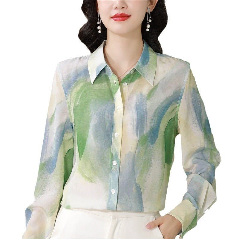 Chinese Ink Painting Style Printed Faux Silk Shirt.