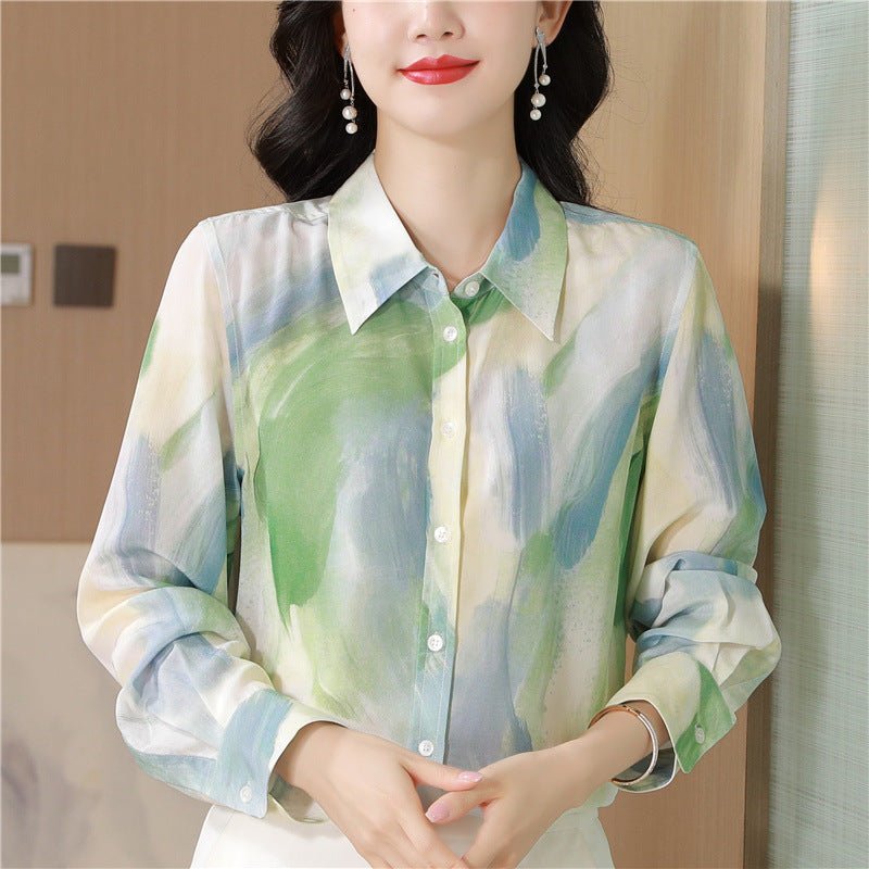 Chinese Ink Painting Style Printed Faux Silk Shirt.