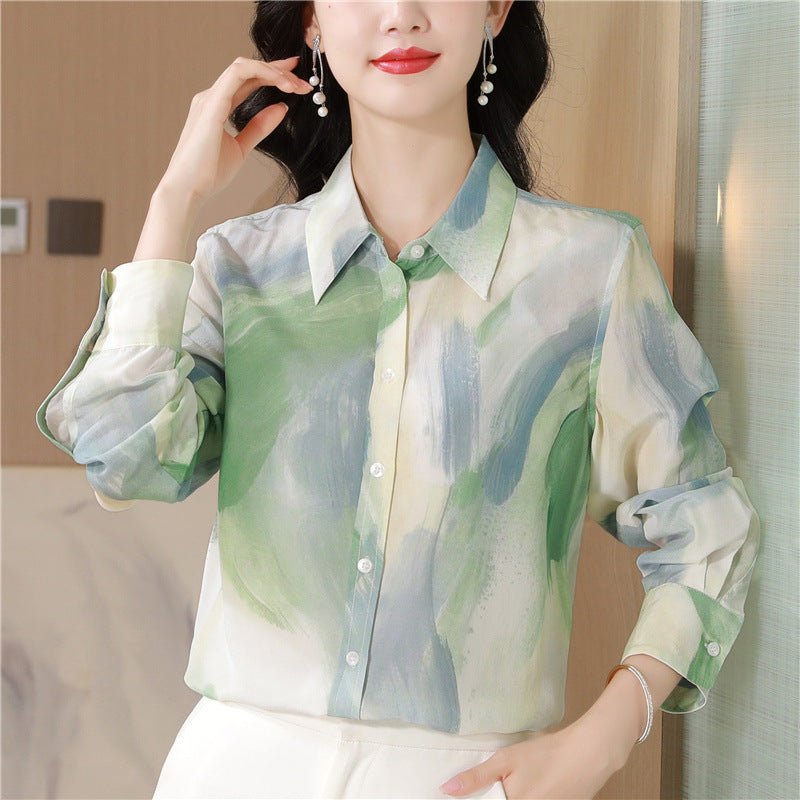 Chinese Ink Painting Style Printed Faux Silk Shirt.
