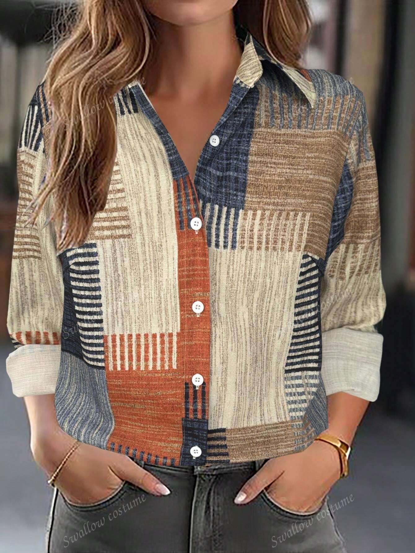 Color Block Button Print Long Sleeve Casual Retro Shirt.