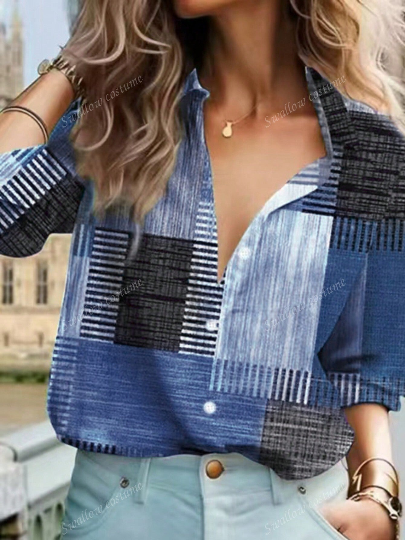 Color Block Button Print Long Sleeve Casual Retro Shirt.